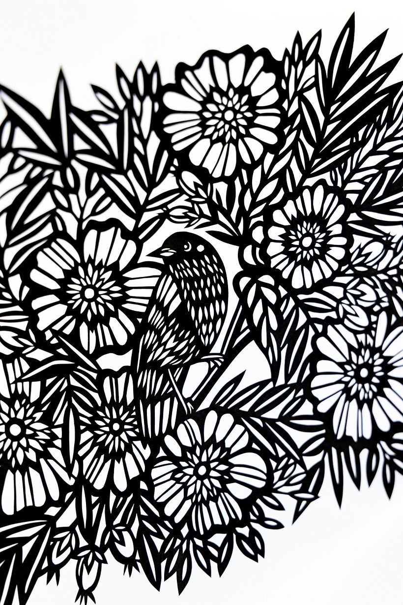 Bird Among the Flowers: A Detailed Papercut Illustration 2