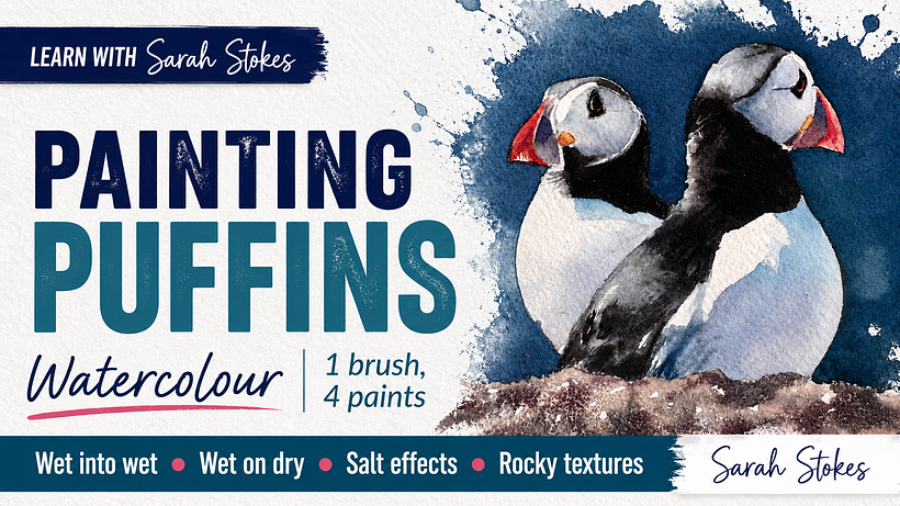 Paint Two Puffins in Watercolour: 4 Colours, 1 Brush and Salty Rock Effects 1